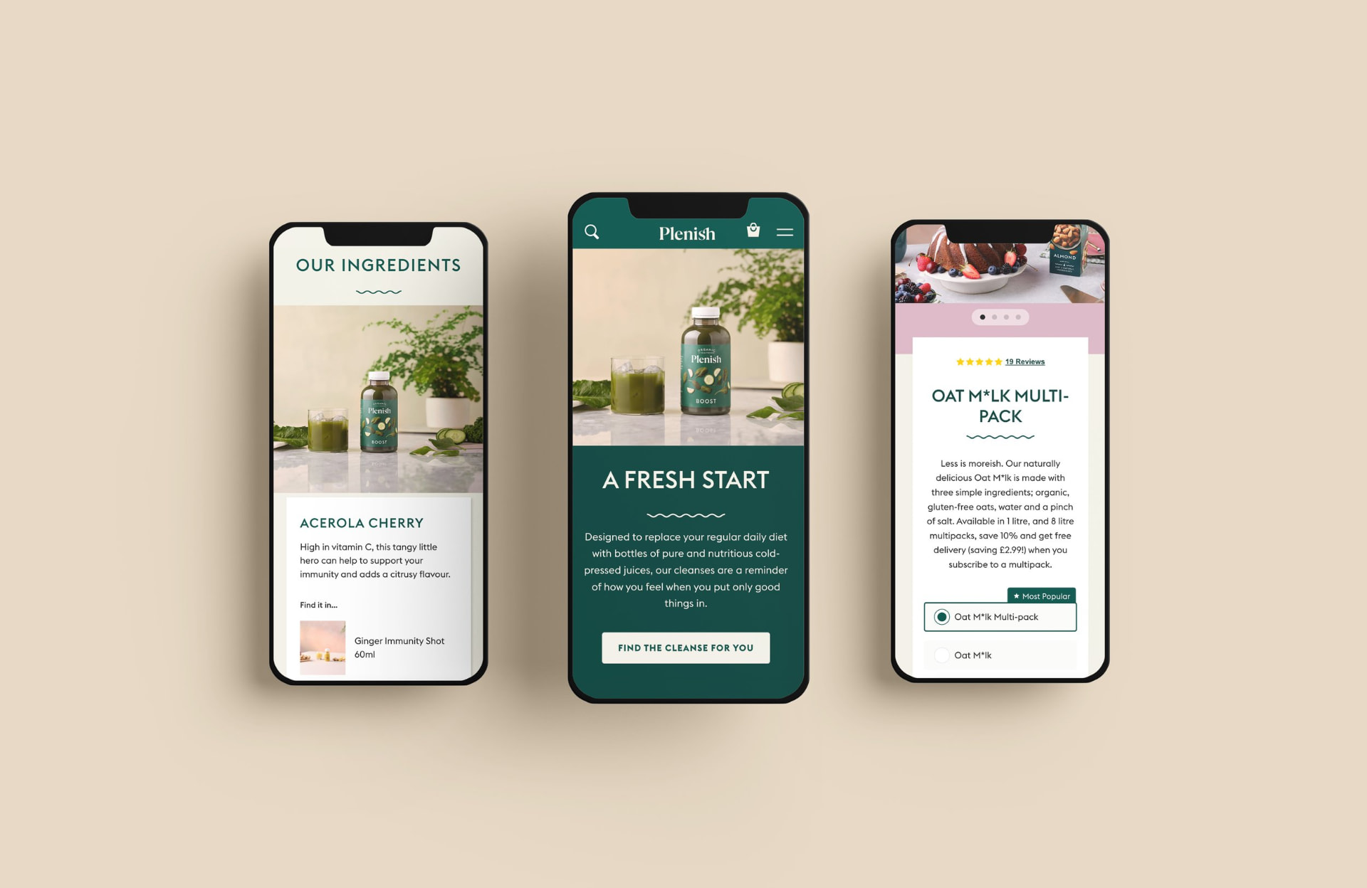 Three Plenish mobile screens: our ingredients, a cleanse landing page, and an Oat M*lk product page